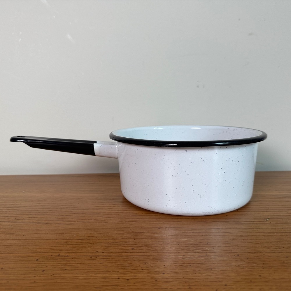 Vintage White Speckled Enamelware Saucepan Black Trim Graniteware Pot